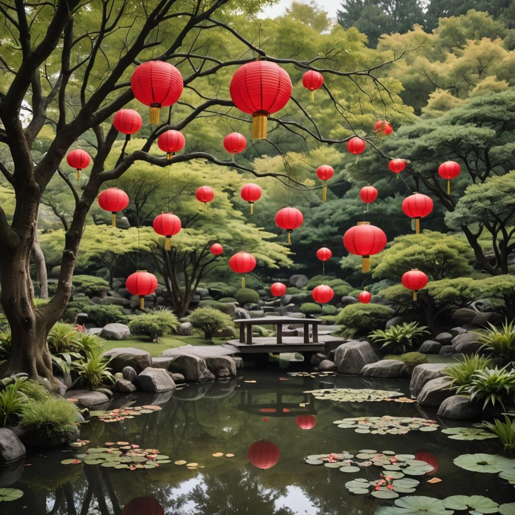 Red Japanese Lanterns Over Koi Pond