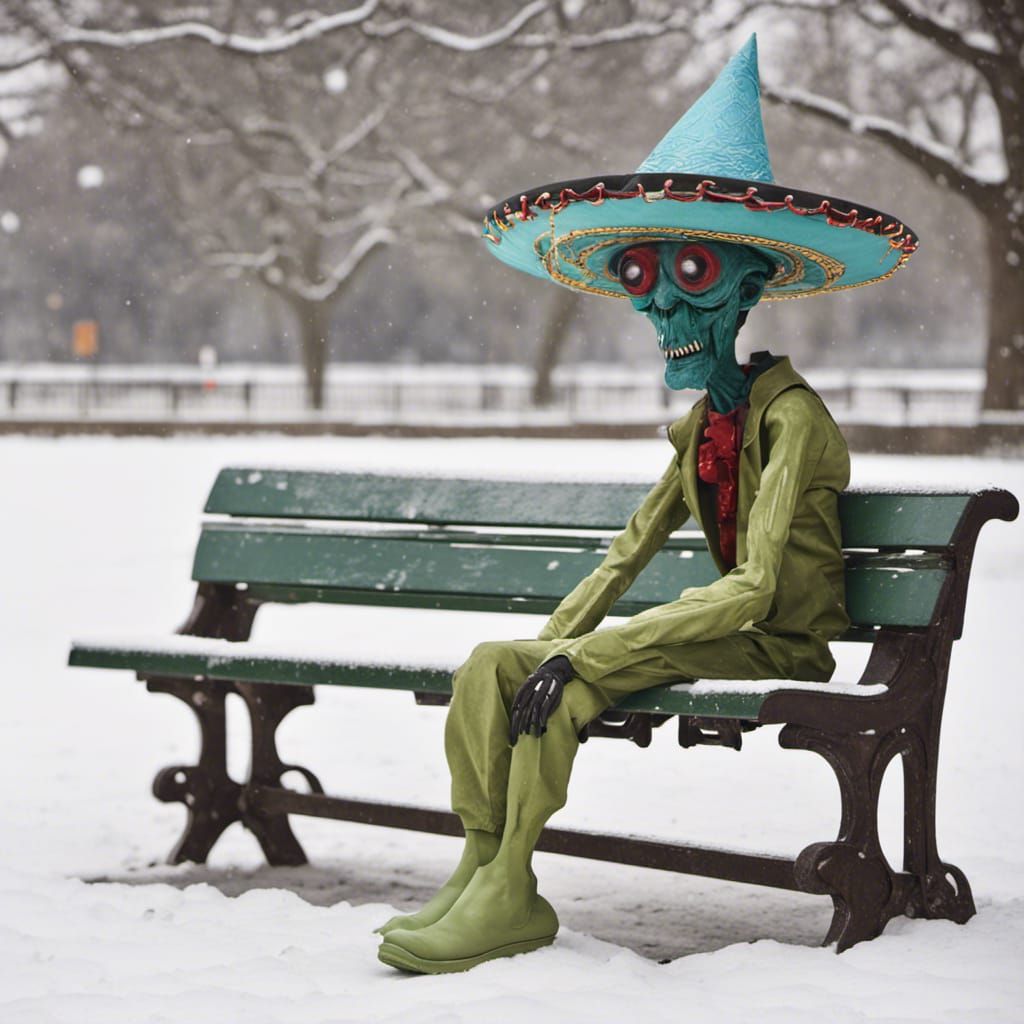 Alien in Sombrero on Snowy Bench