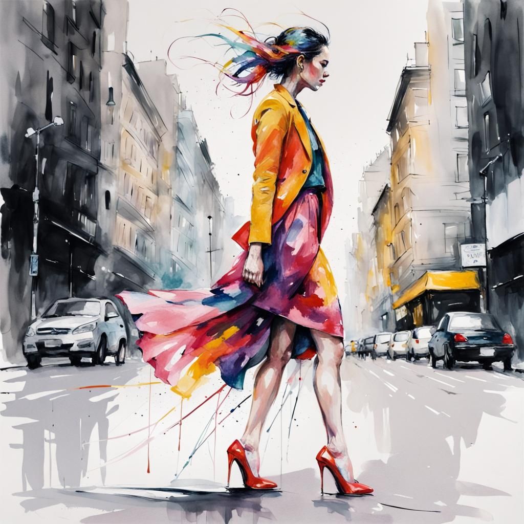 Fashionable Woman Strutting Down City Street as Watercolor A...