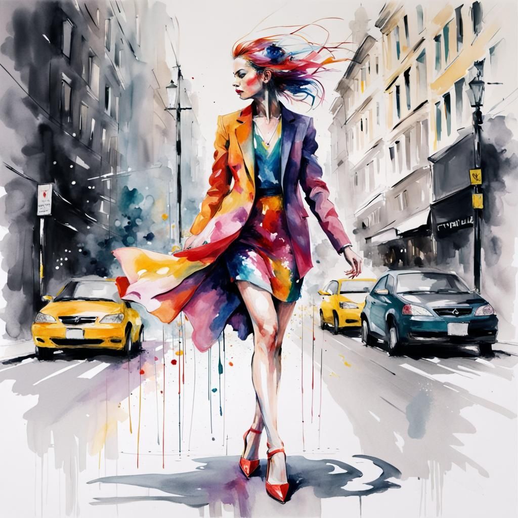 Confident Woman Struts Through Vibrant City Street