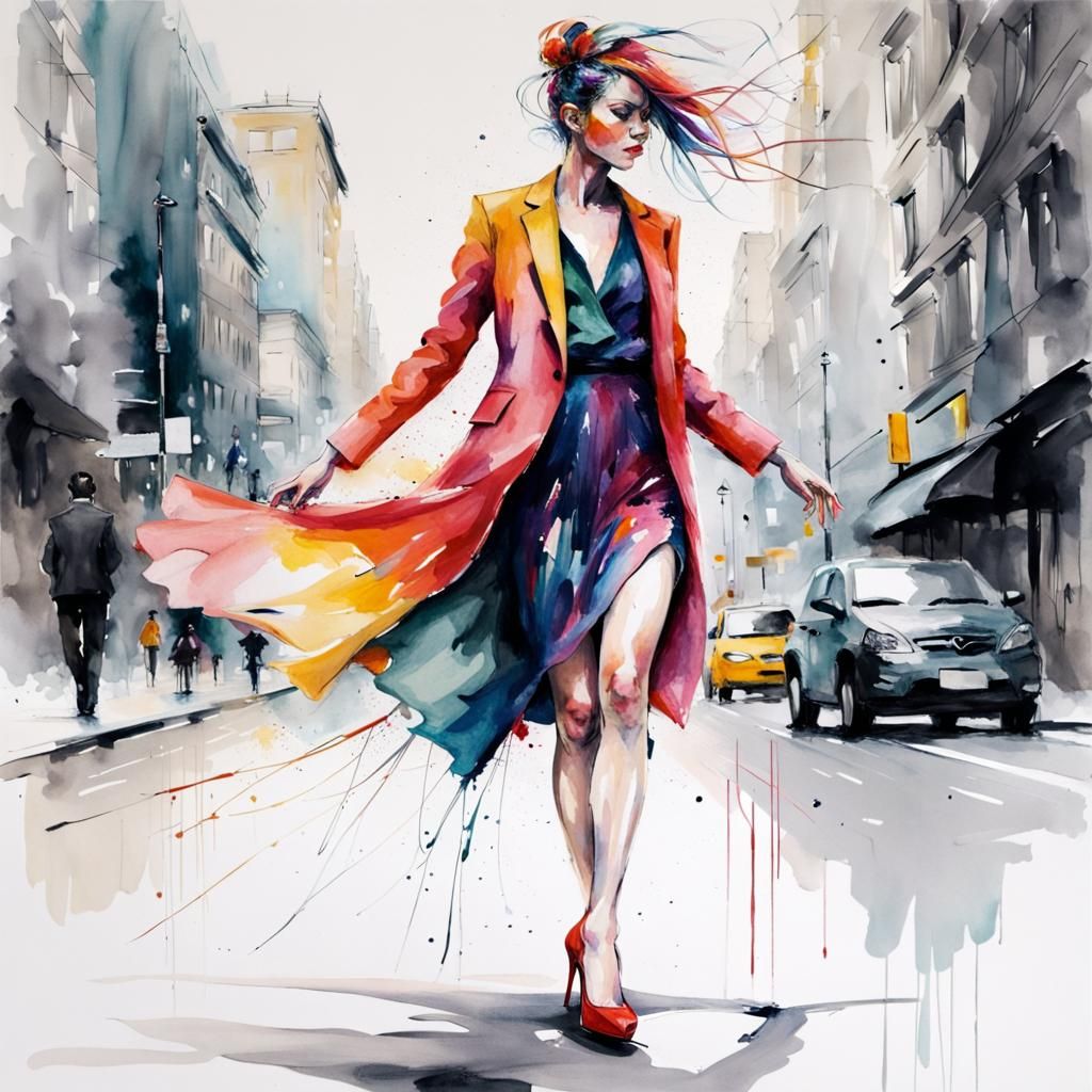 Colorful Urban Fashion Strut in Watercolor Style
