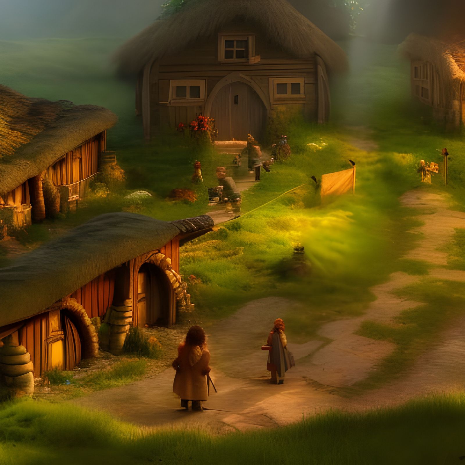 Fantasy Village Crossroads with Hobbits and Dwarves