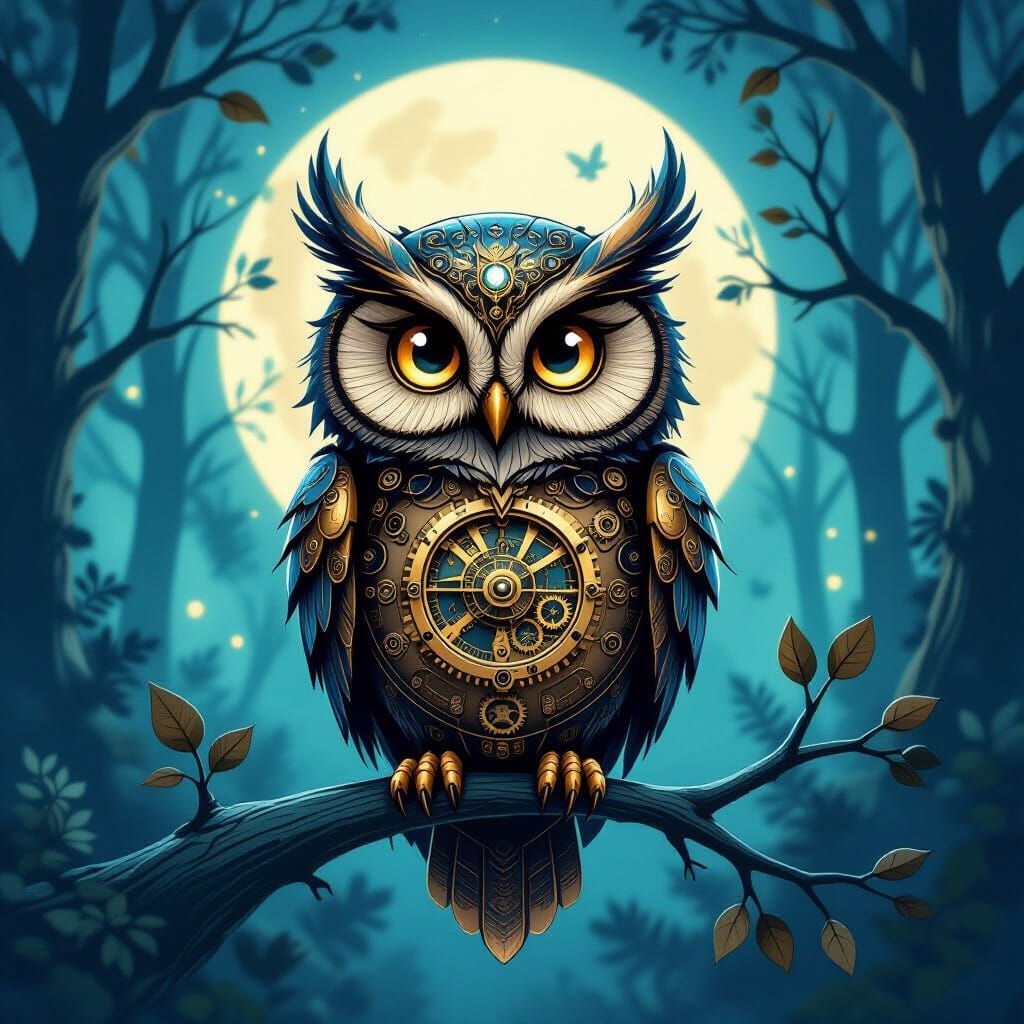 Steampunk Clockwork Owl in Enchanted Forest
