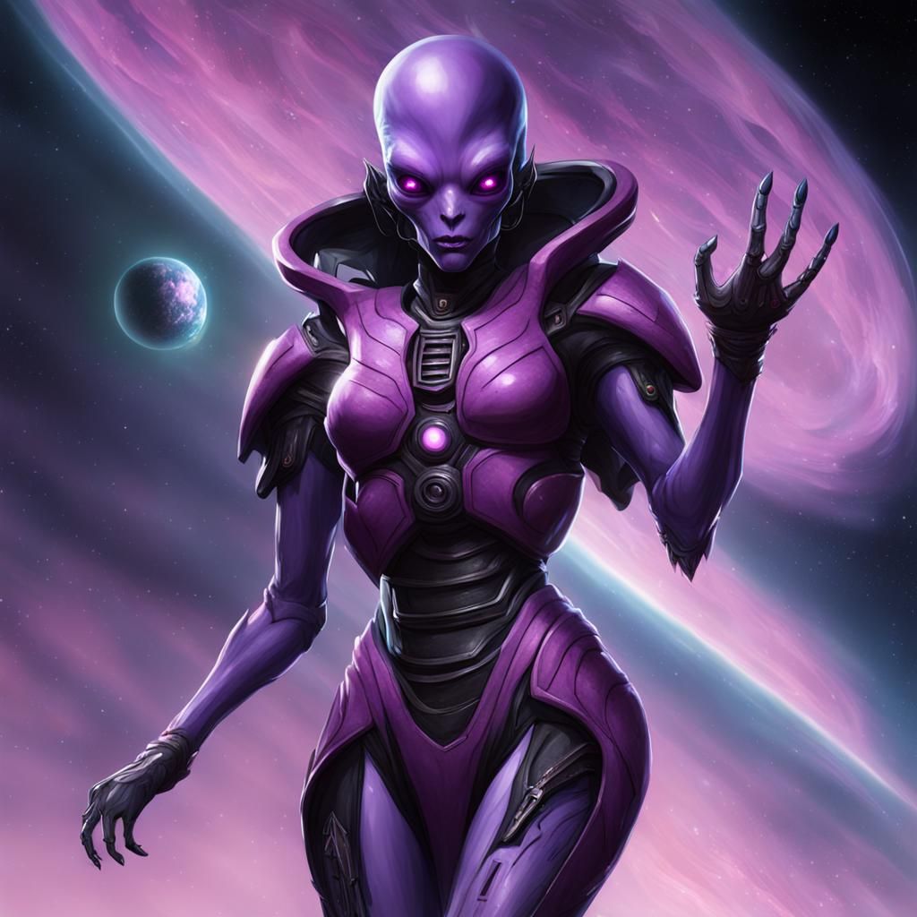 Stylized Alien Woman in Purple Dress