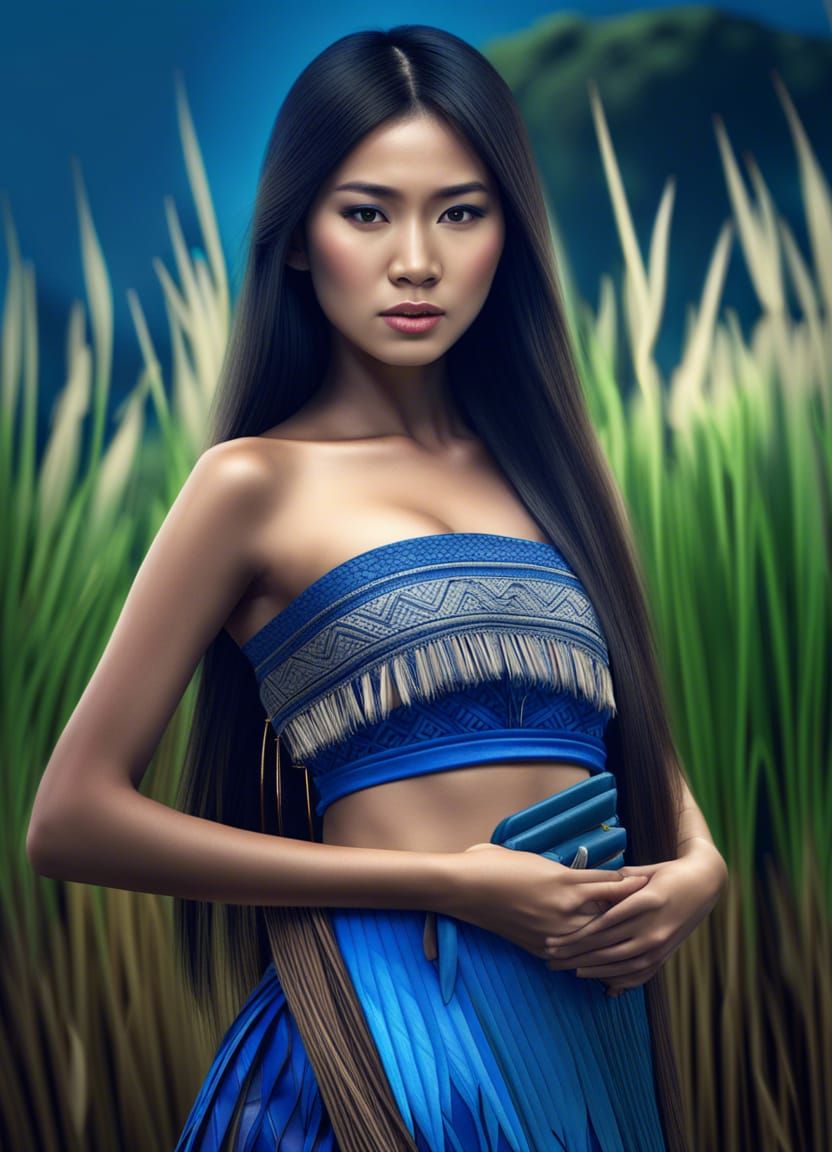 Asian Woman in Blue Feathers, Hyperrealistic Portrait