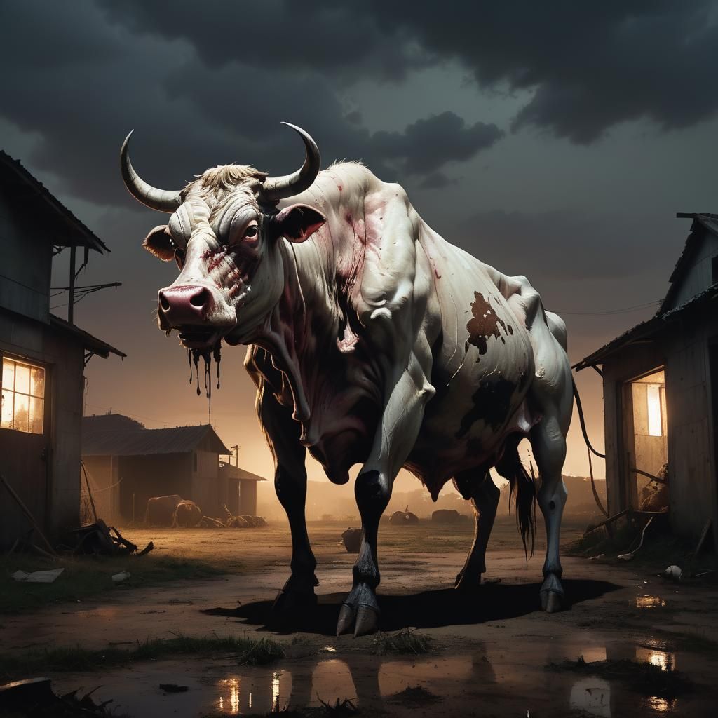 Giant Mutated Cow Devouring Person: Dark Fantasy Horror