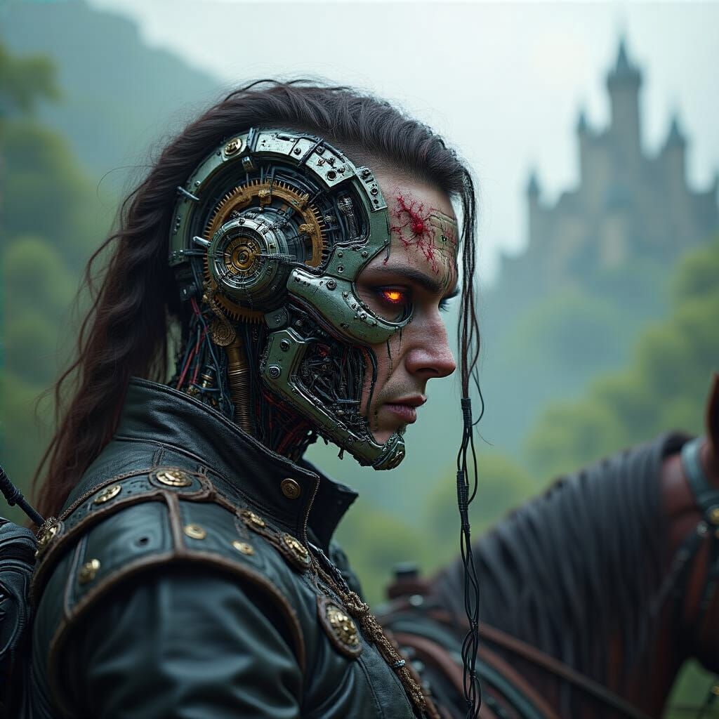 Hyperrealistic Cyborg Portrait on Mythical Horse in Misty Fo...