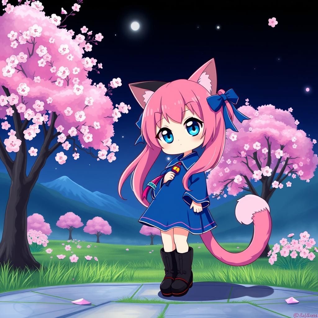 Anime Catgirl in Cherry Blossom Park at Night