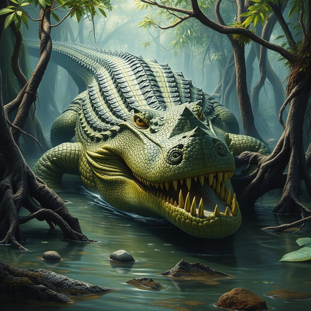 Giant Crocodile Emerges from Mangrove Swamp in Dark Fantasy ...