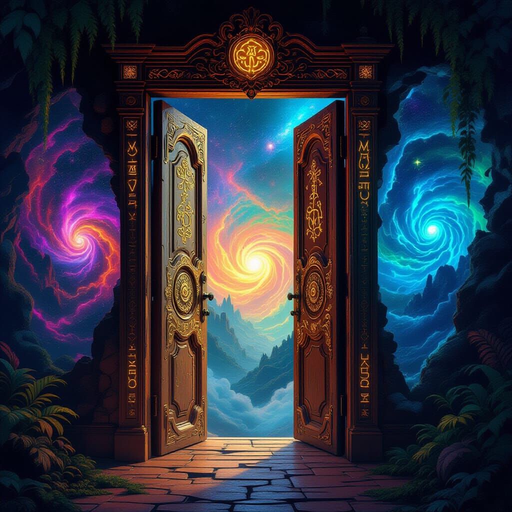 Ornate Door to Swirling Dimensions in Surrealist Style
