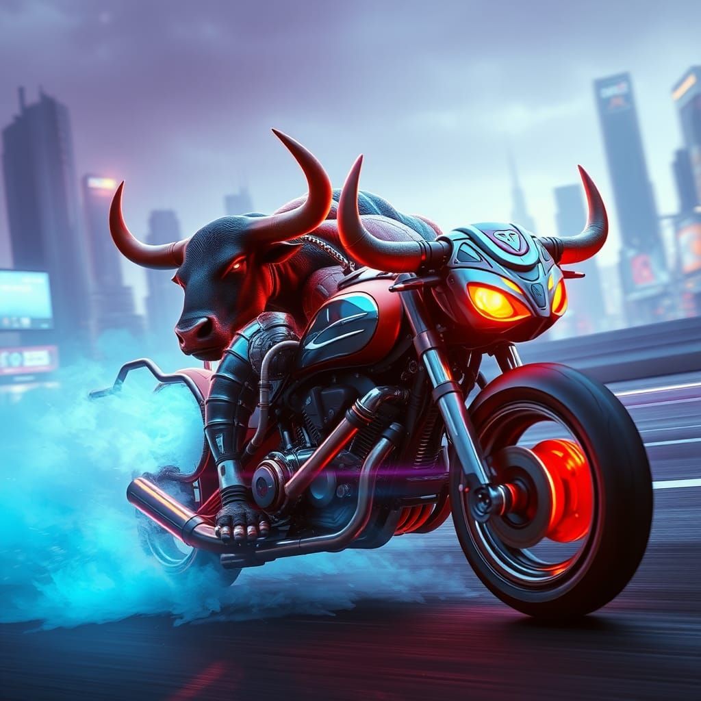Cyberpunk Bull Motorcycle Races Through Future City