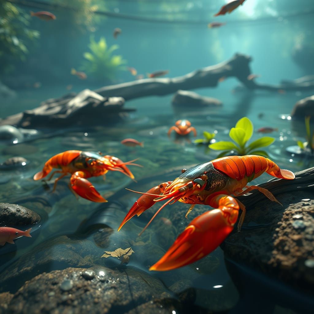 Majestic River Realm: Vibrant Crawfish in 3D Splendor