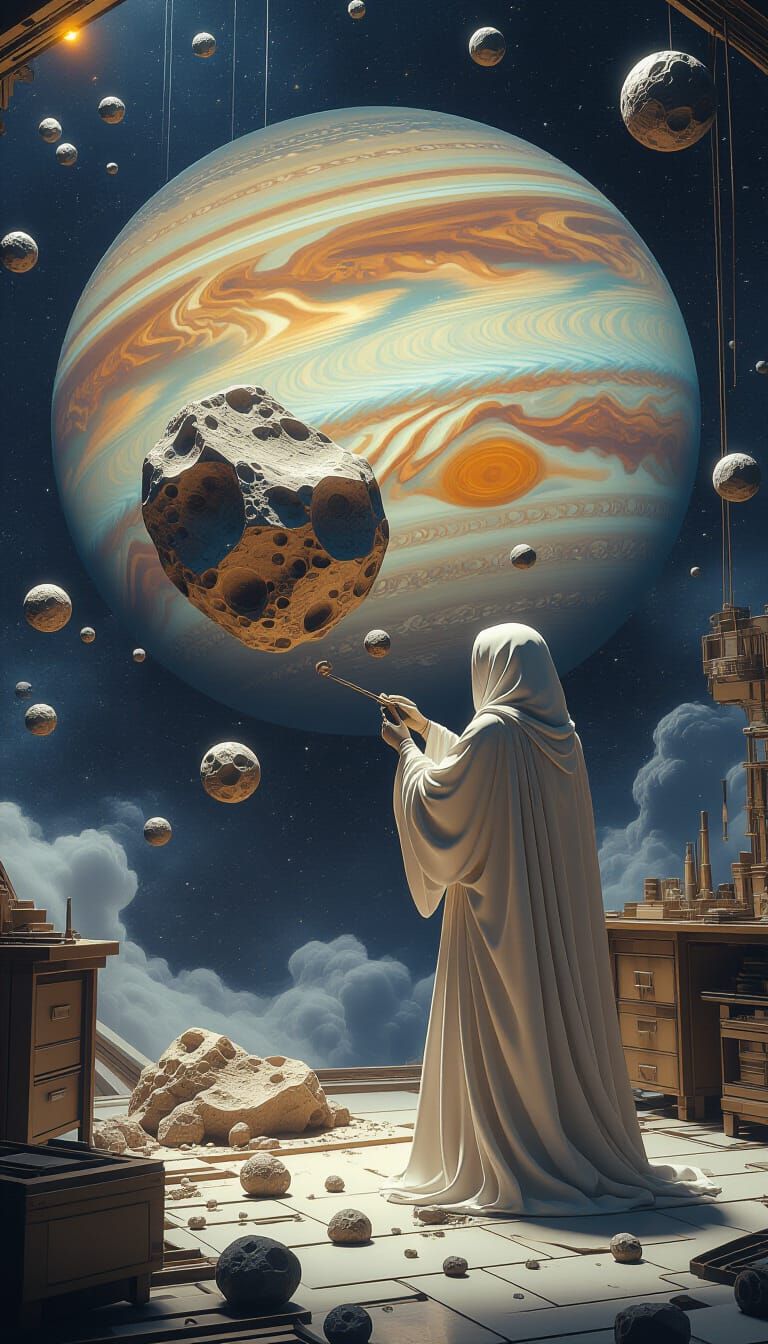 Celestial Sculptor in Zero-Gravity Workshop, Art Nouveau Sty...