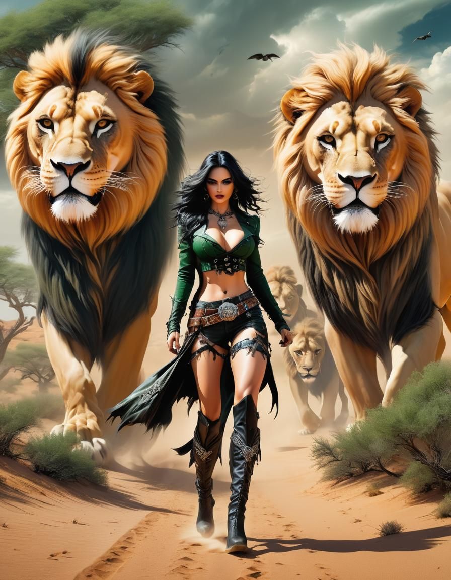 Desert scene, beautiful stunning Gothic cowgirl walking in f...