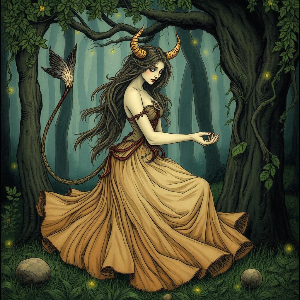 Whimsical Norse Huldra in Muted Earth Tones and Twinkling Fi...