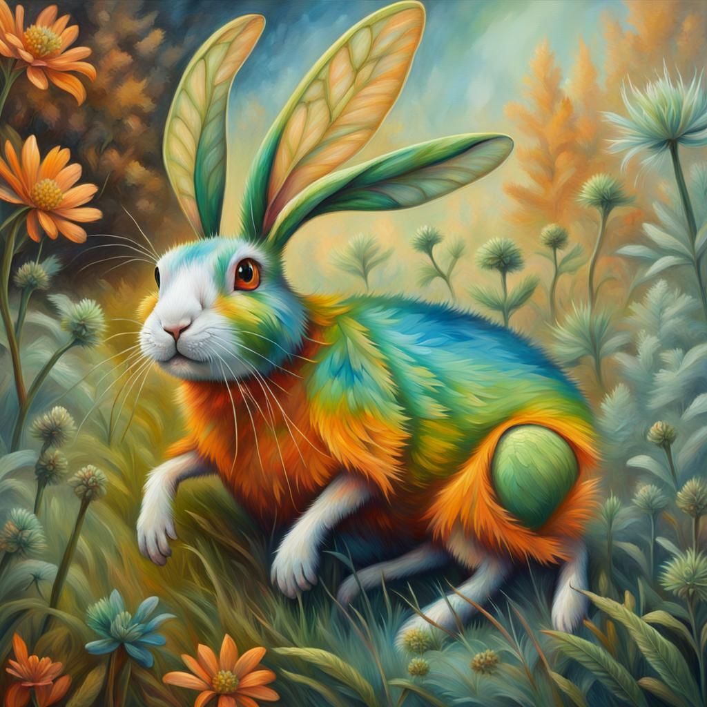 Rabbit-Grasshopper Hybrid Exploring Misty Forest as Oil Pain...