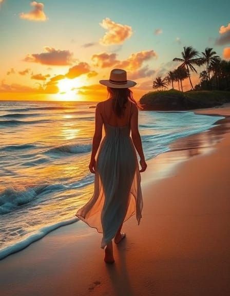 Sunset Beach Oil Painting with Turquoise Waves