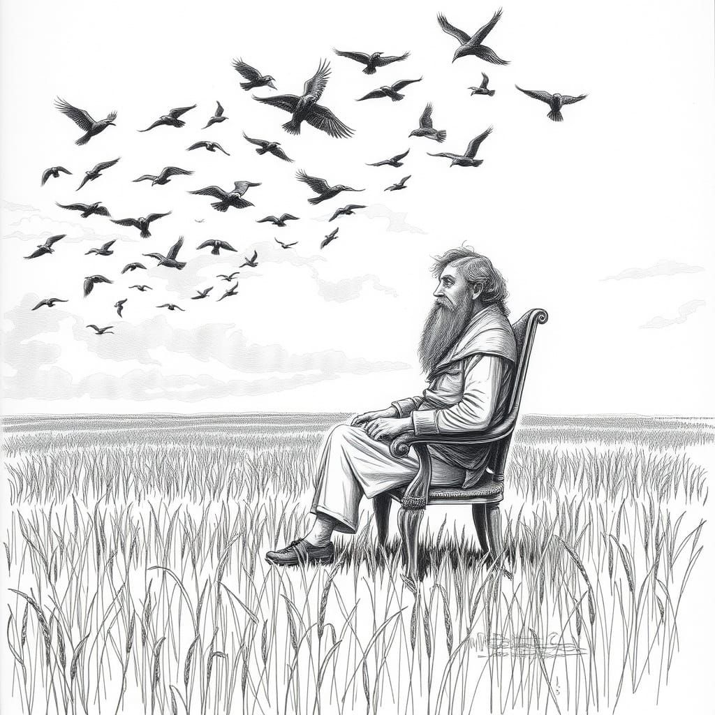 Mad Philosopher Meditating in Field, Detailed Pencil Sketch
