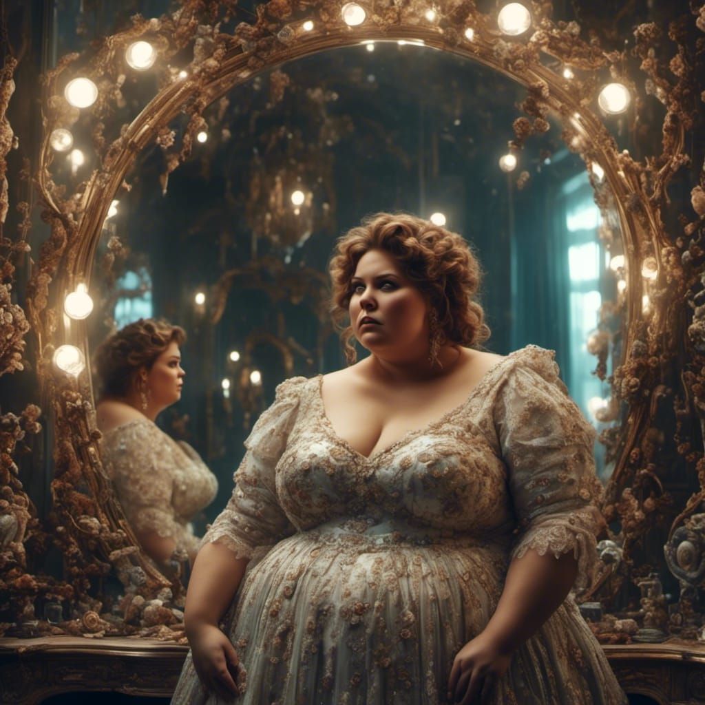 Obese Woman and Thin Reflection in Hyperrealism