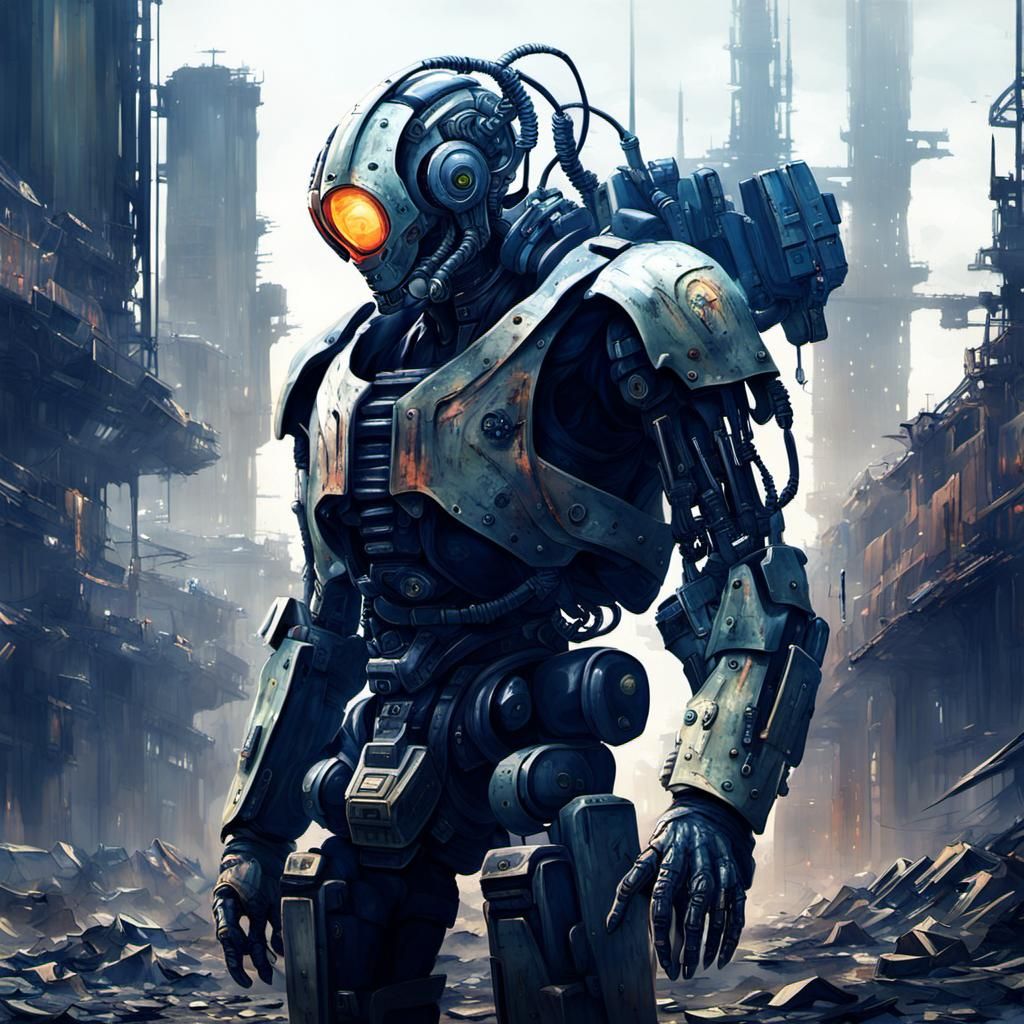 Anime-Style Alien Cyborg in Ruined Sci-Fi City