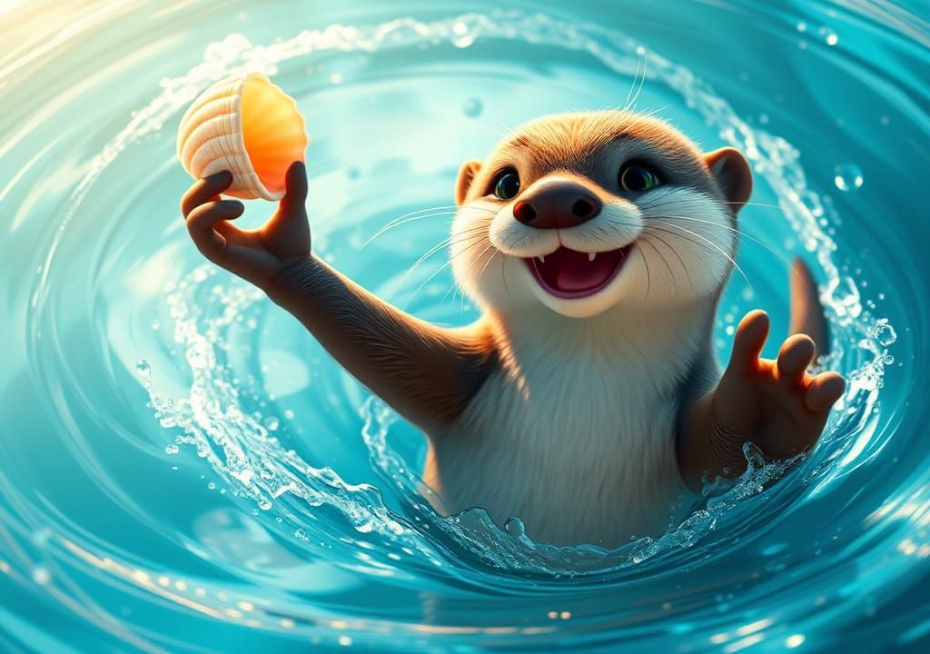 Playful Otter with Seashell in Pixar Animation Style