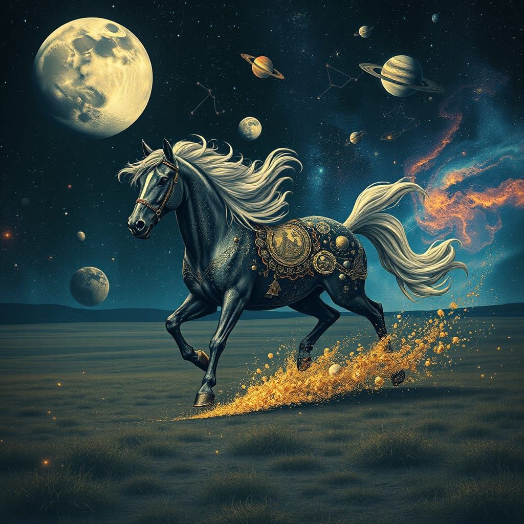 Celestial Horse Runs Through Starlit Cosmic Plain