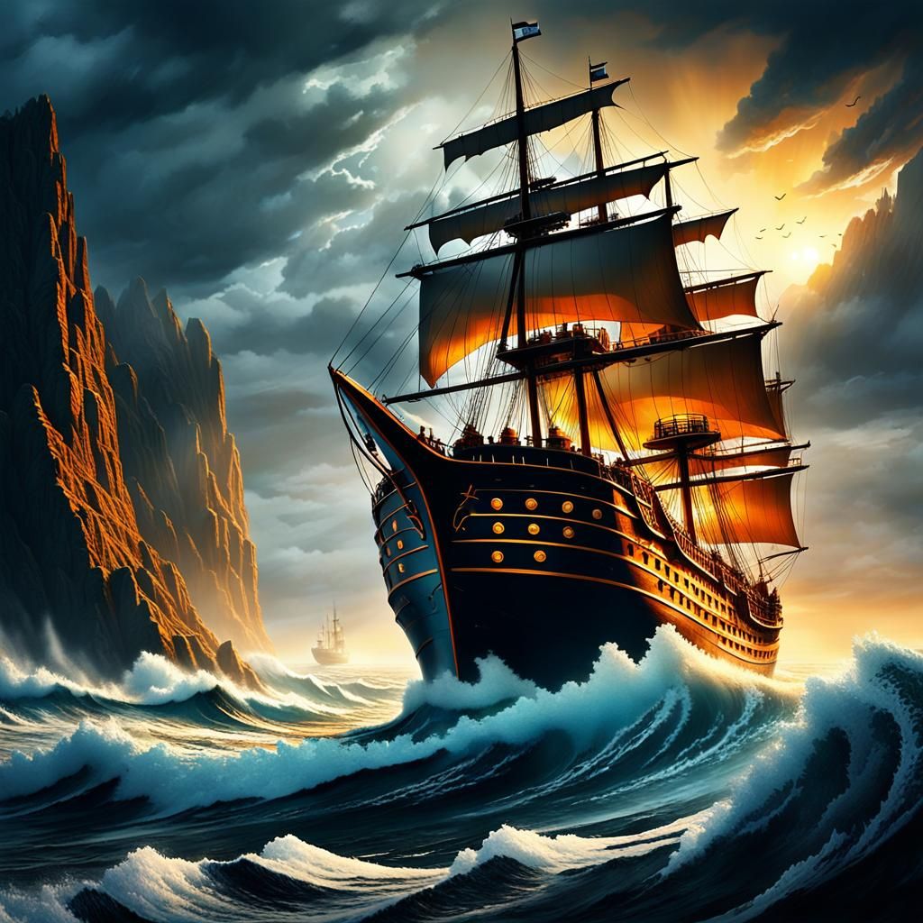 Epic Pirate Ship Sailing on Rough Seas