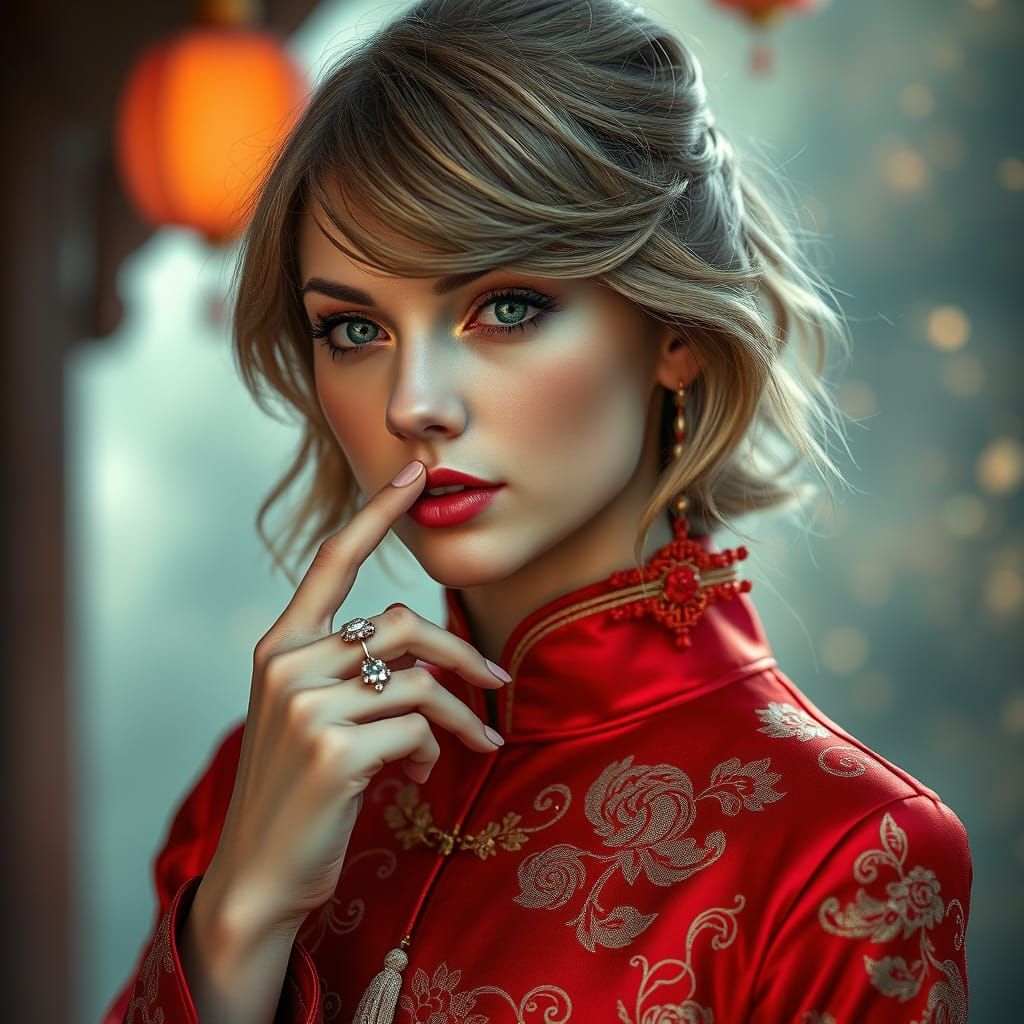 A portrait of Taylor Swift Lookalike wearing red cheongsam d...