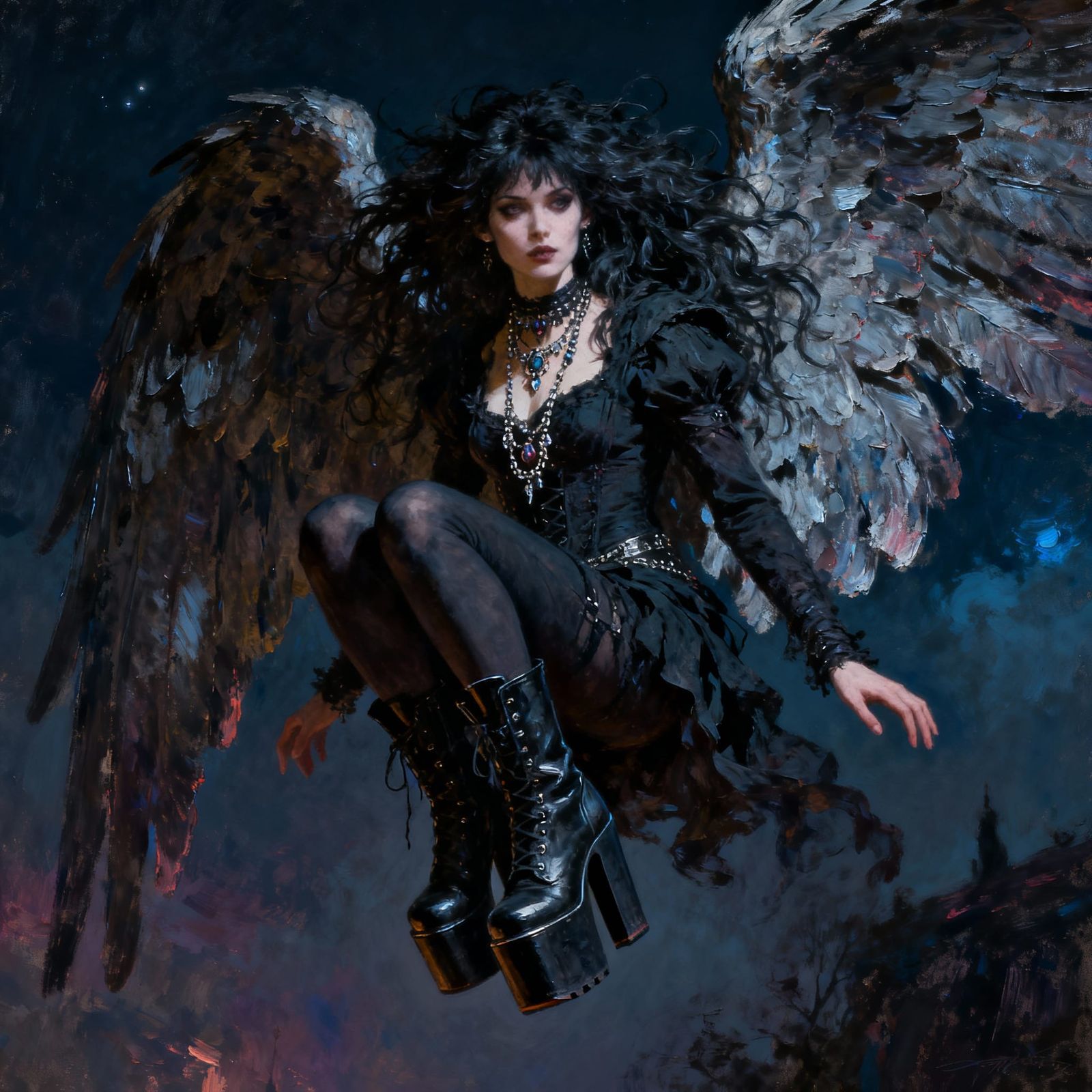 Goth Angel Hovering with Textured Wings in Moody Lighting