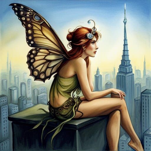 Fairy on Skyscraper in Brian Froud Style