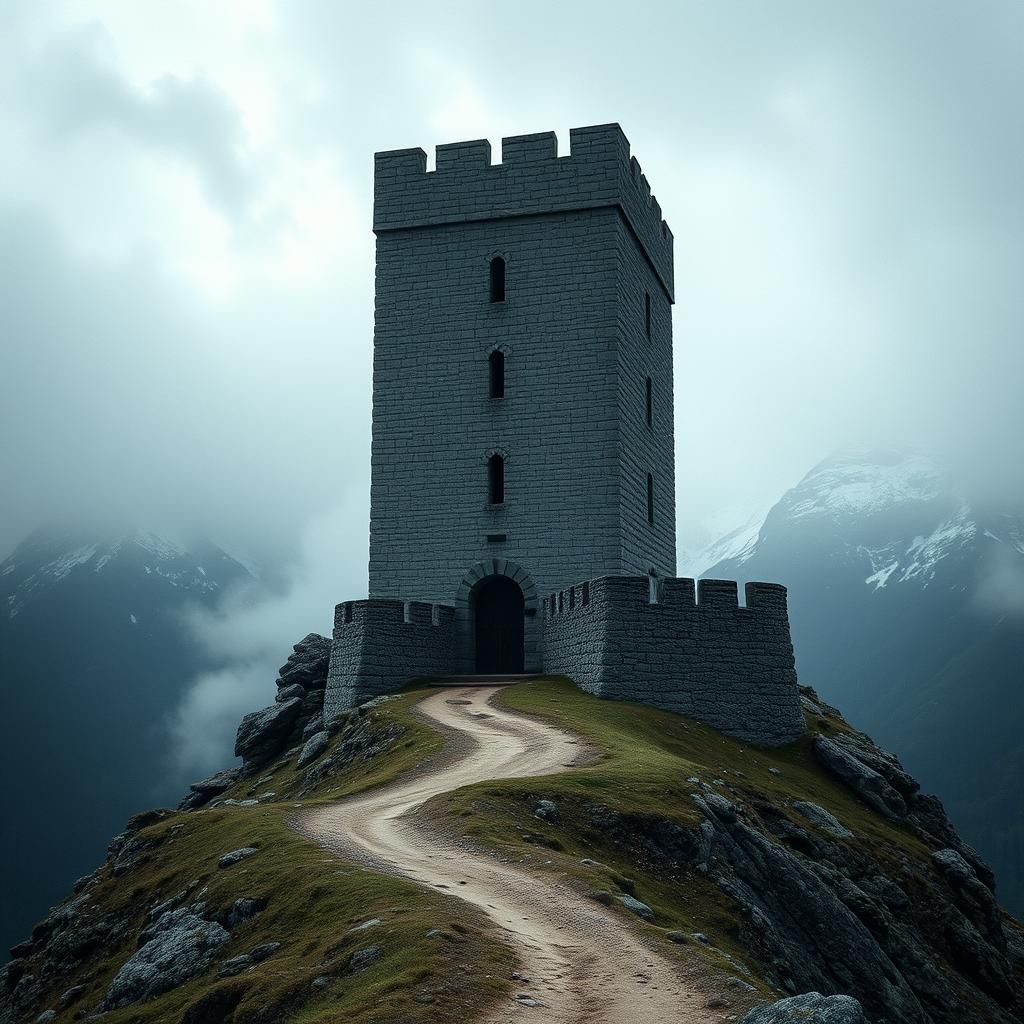 Ominous Wizard's Tower in Dark Mountain Landscape