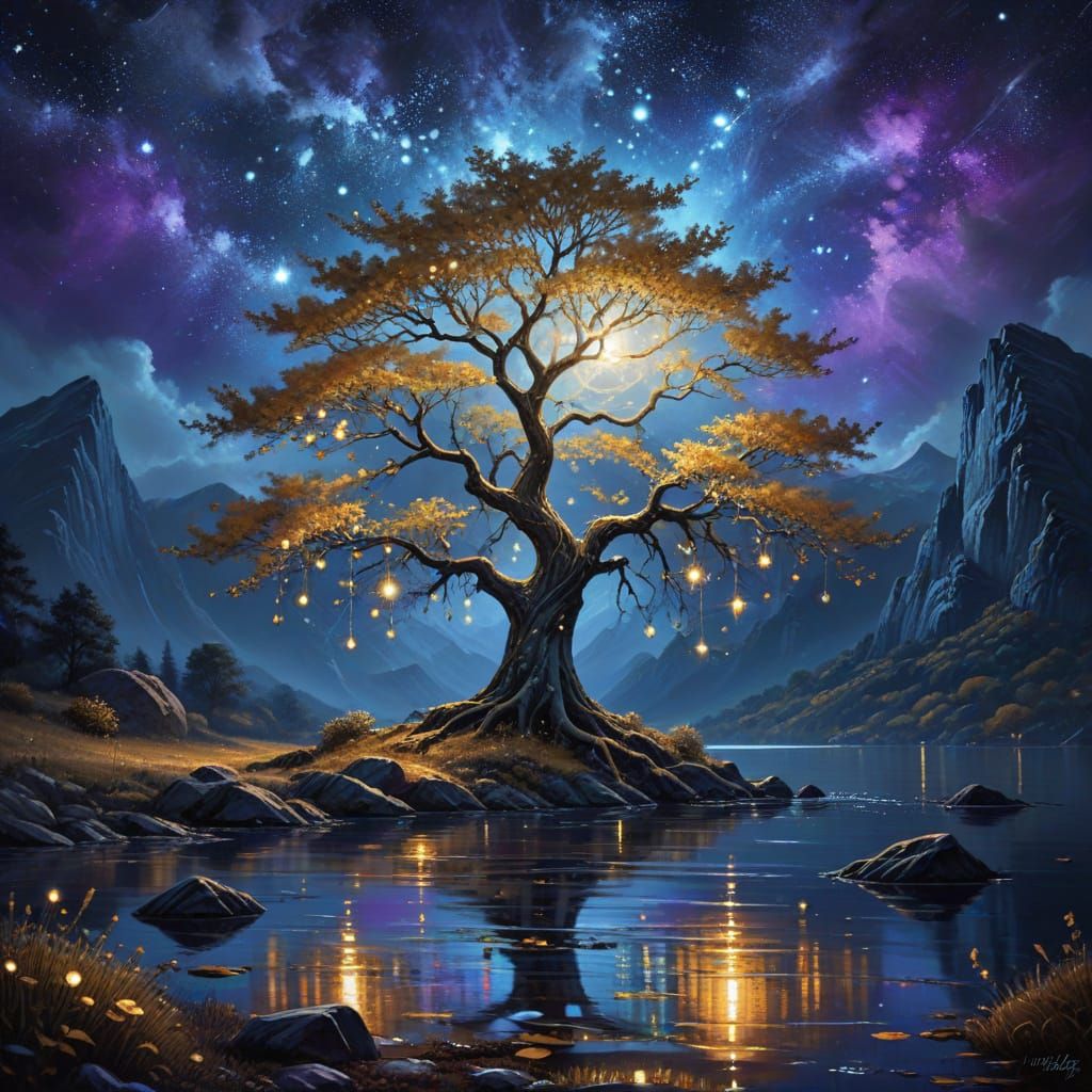 Golden Tree in Twilight: A Surrealist Oil Painting