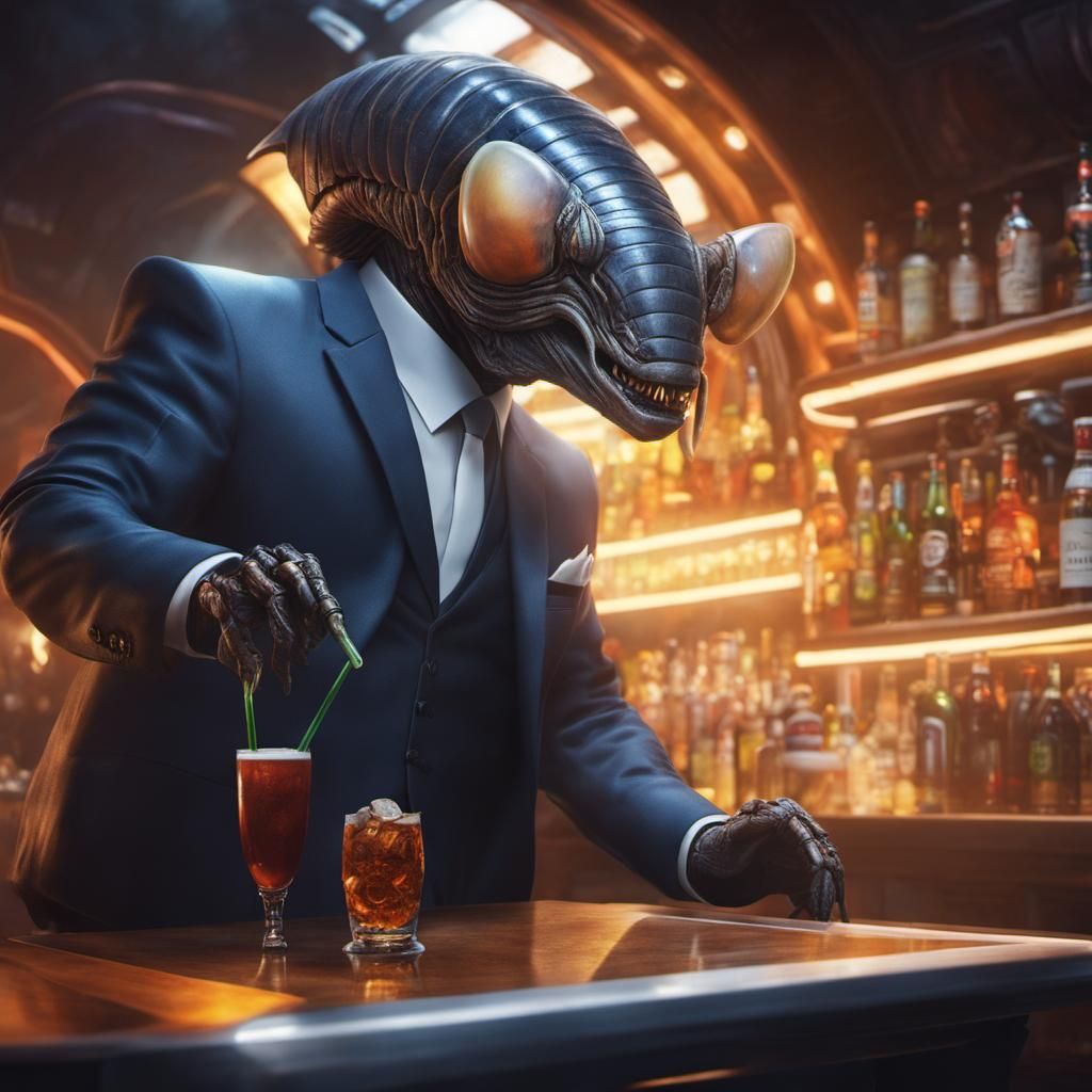 Hyperrealistic Alien Roach Bartender Serving Drinks