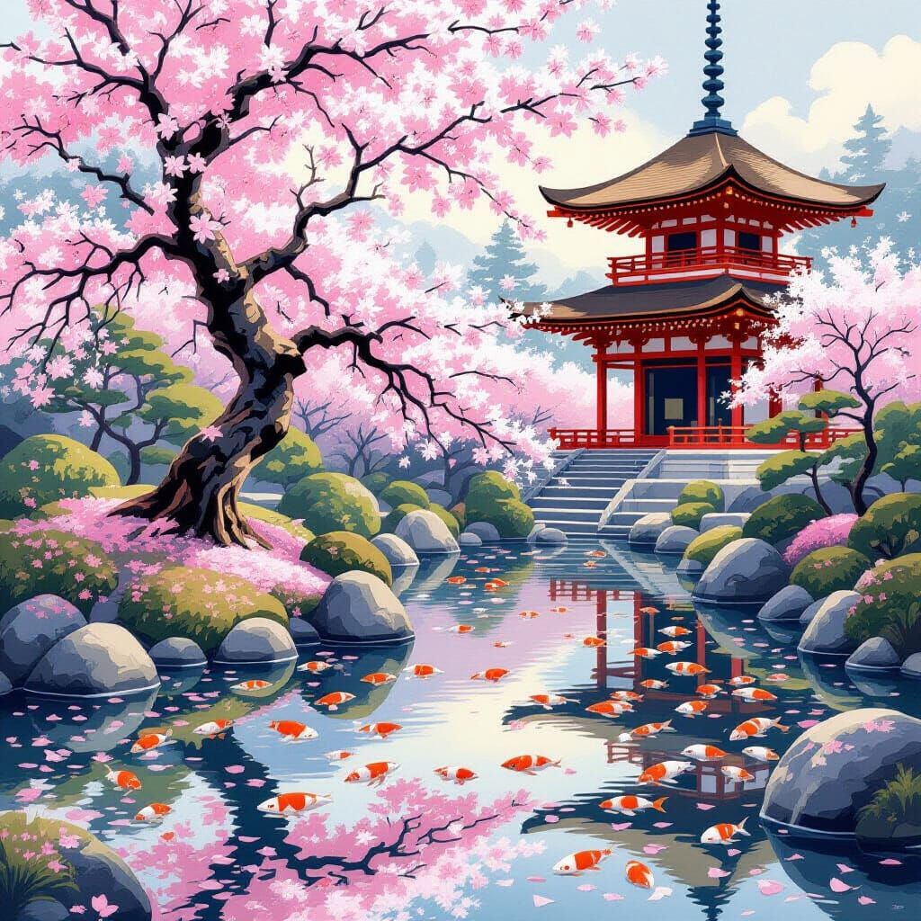 Serene Japanese Garden with Sakura Tree in Bloom