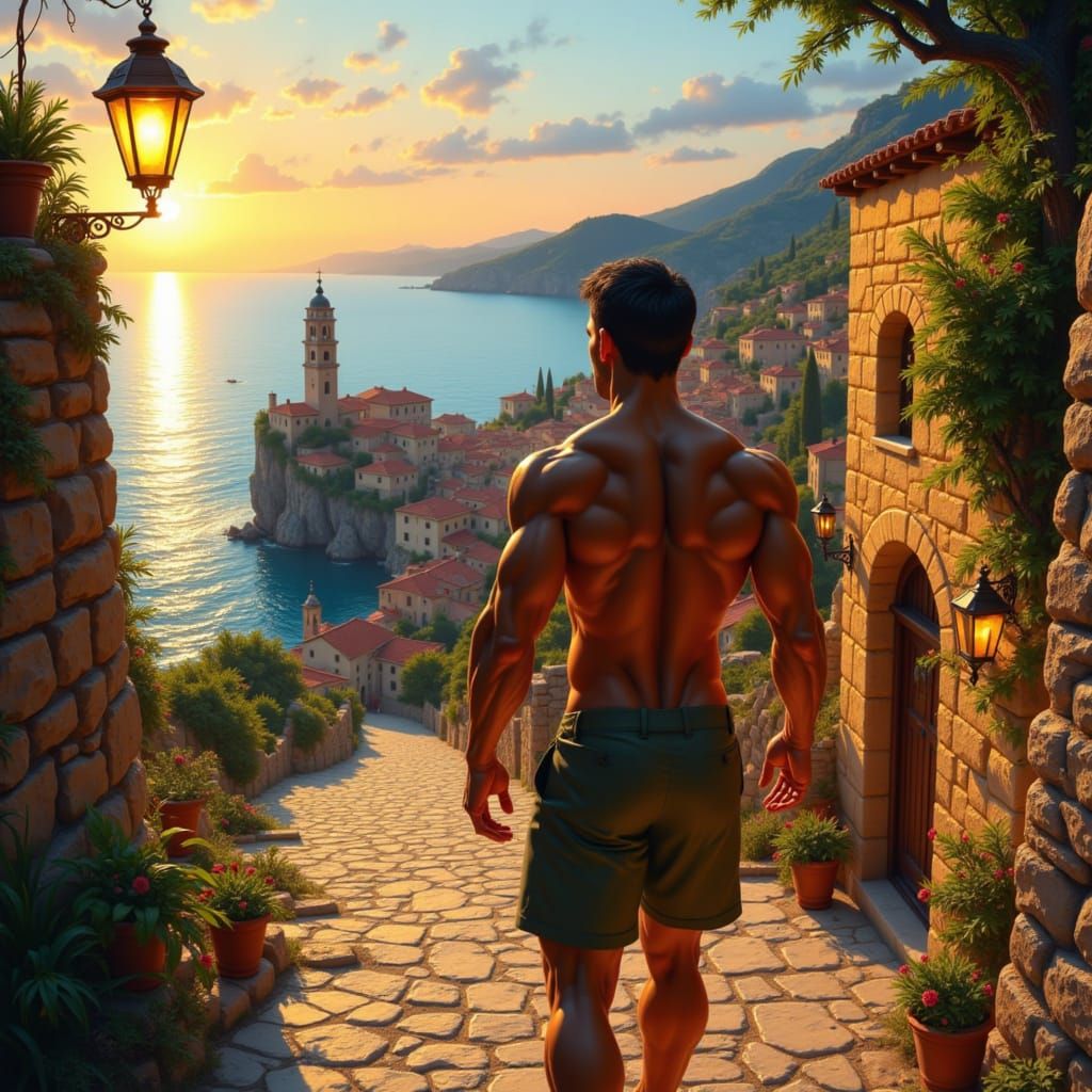 Shirtless Muscular Man in Glowing Mediterranean Village
