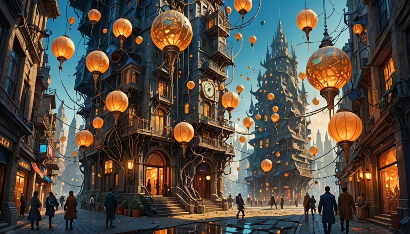 Surreal Metropolis with Clockwork and Glowing Roots