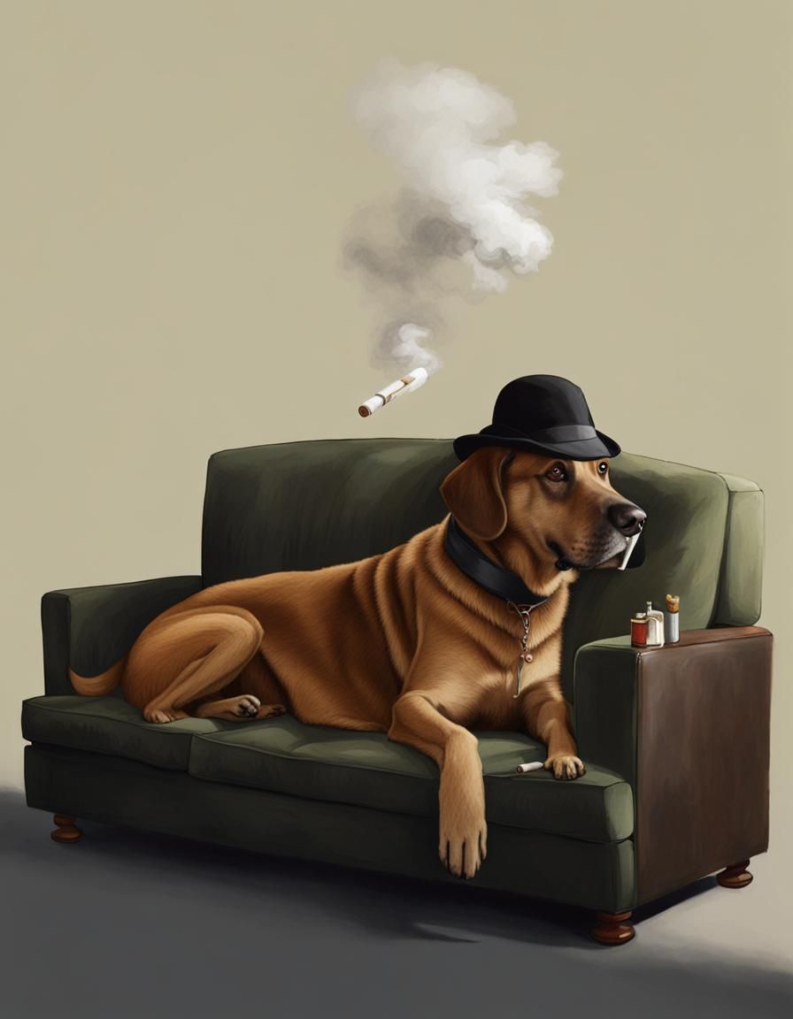 Giant Dog Smoking on Sofa with Flat Hat