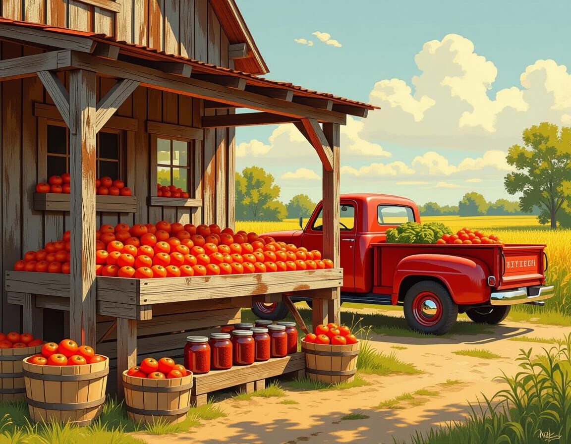 Rustic Farmstand with Tomatoes, Jam & Vintage Truck