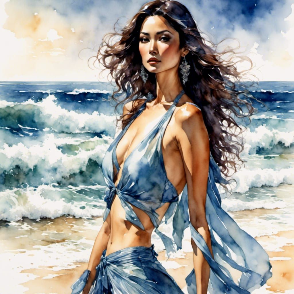 Stunning Woman on Beach in Watercolor Style