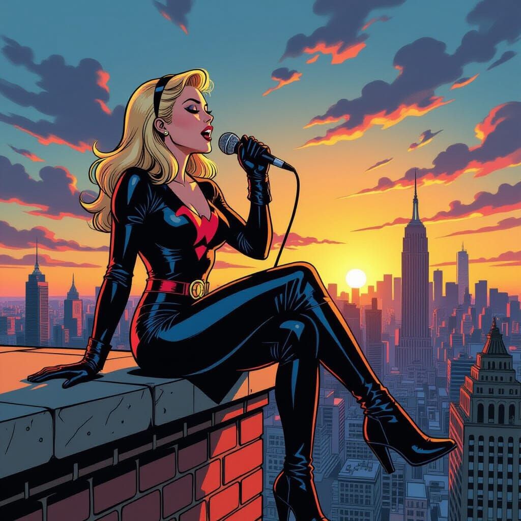 Gwen Stacy Sings on Building Ledge in Retro Comic Style