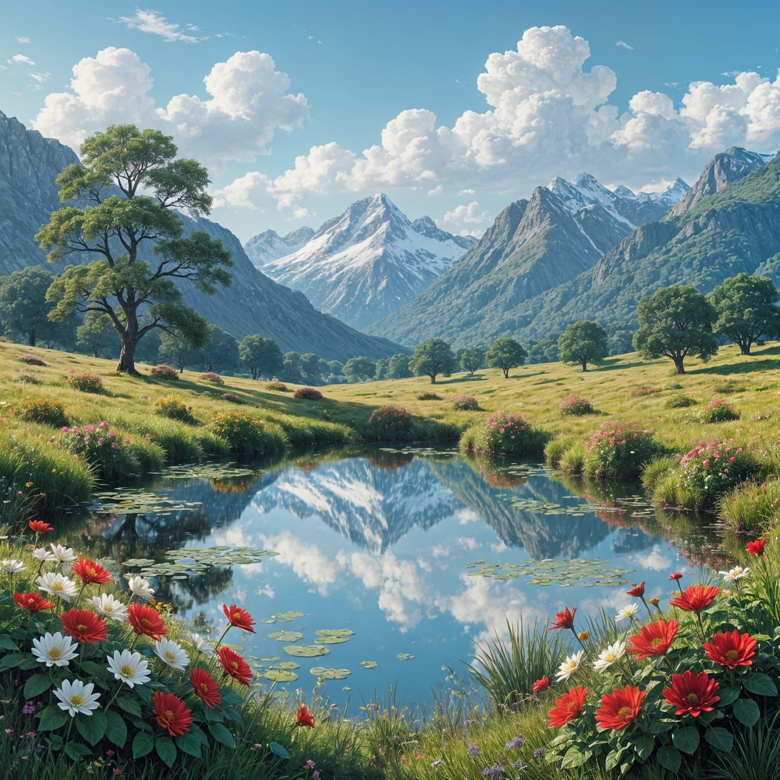 Heartbreaking Landscape with Flowers and Pond in Poster Art ...