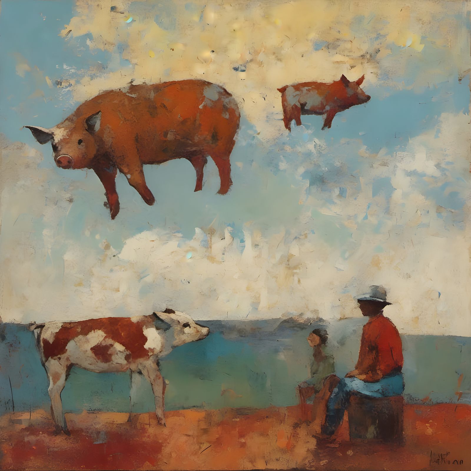 Pigs Fly: Impasto Painting of a Whimsical Scene