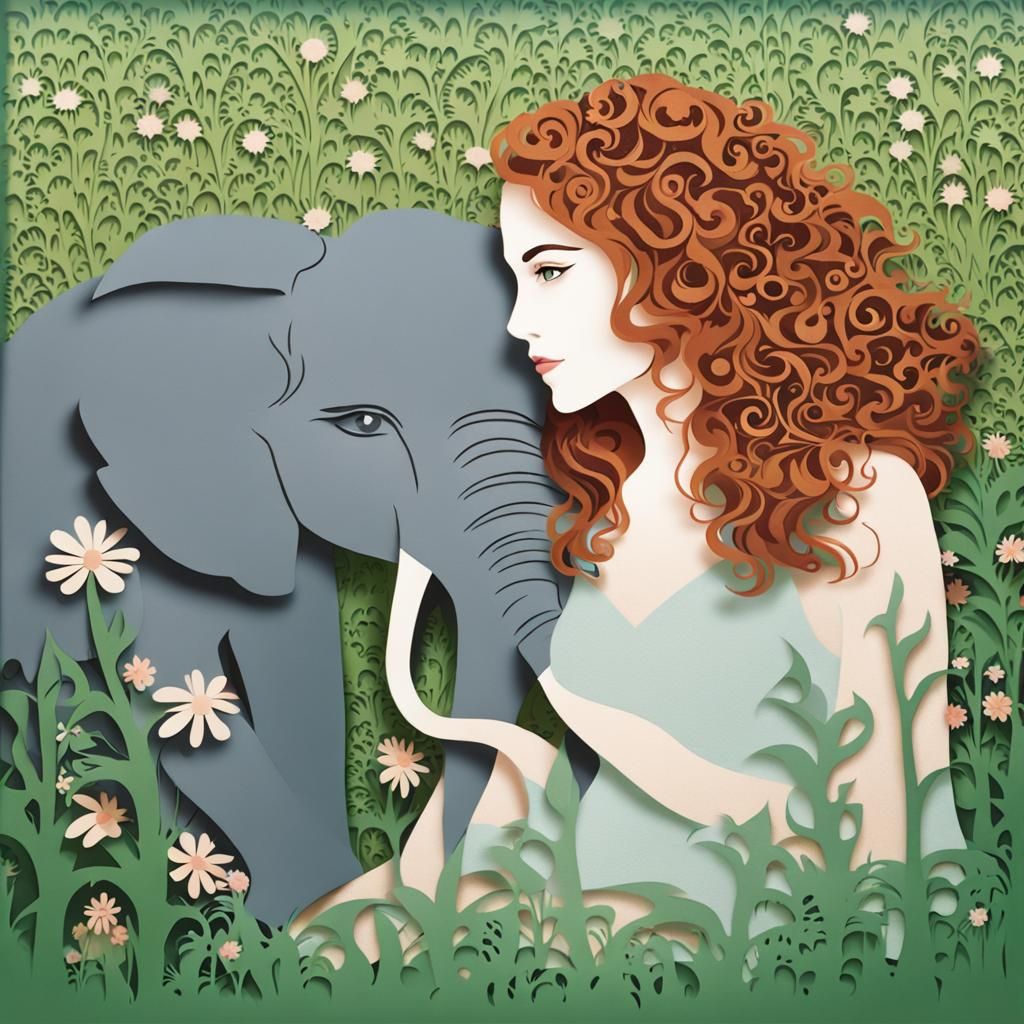 Paper Cut Image: Woman with Elephants