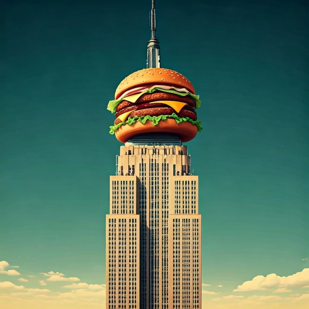 Empire State Building Topped with Hamburger, Vintage Illustr...