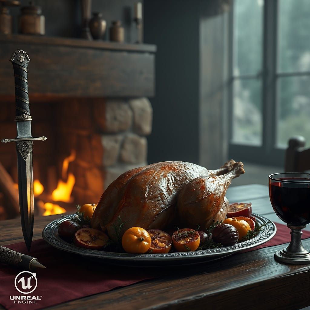 Surreal Feast Scene in Deep, Fantastical Colors