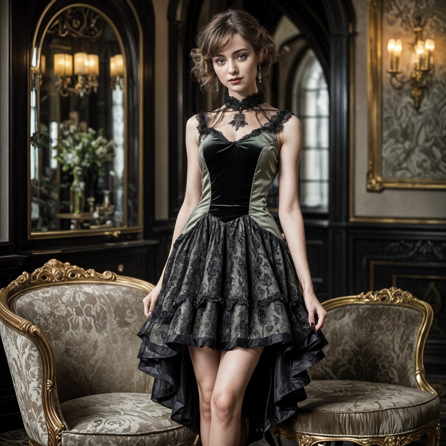 Romantic Woman in Gothic Dress in Luxury Hotel