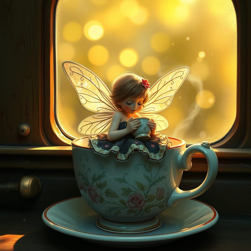 Fairy Enjoying Coffee Inside Vintage Train Cup