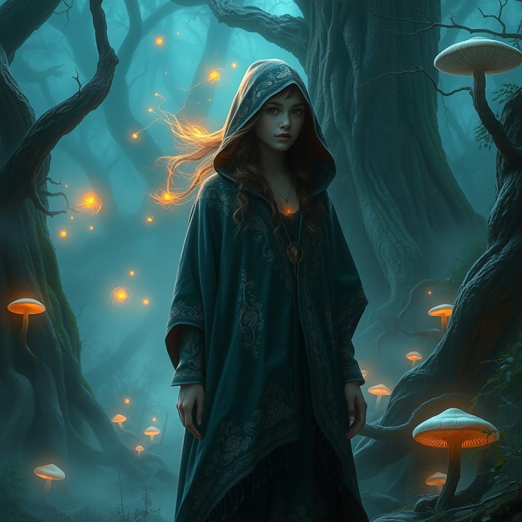 Dreamy Mystic Emerges from Ethereal Forest