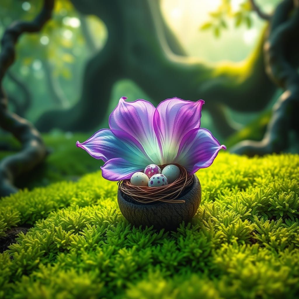 Whimsical Fantasy Flower Blooms with Glowing Petals and Bird...