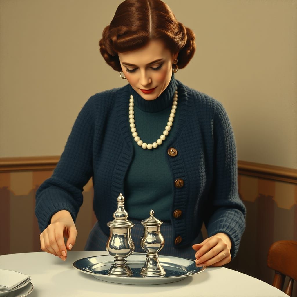 1950s Woman Sets Dinner Table in Matte Painting Style